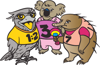 Frogmouth, koala and echidna cartoon figures